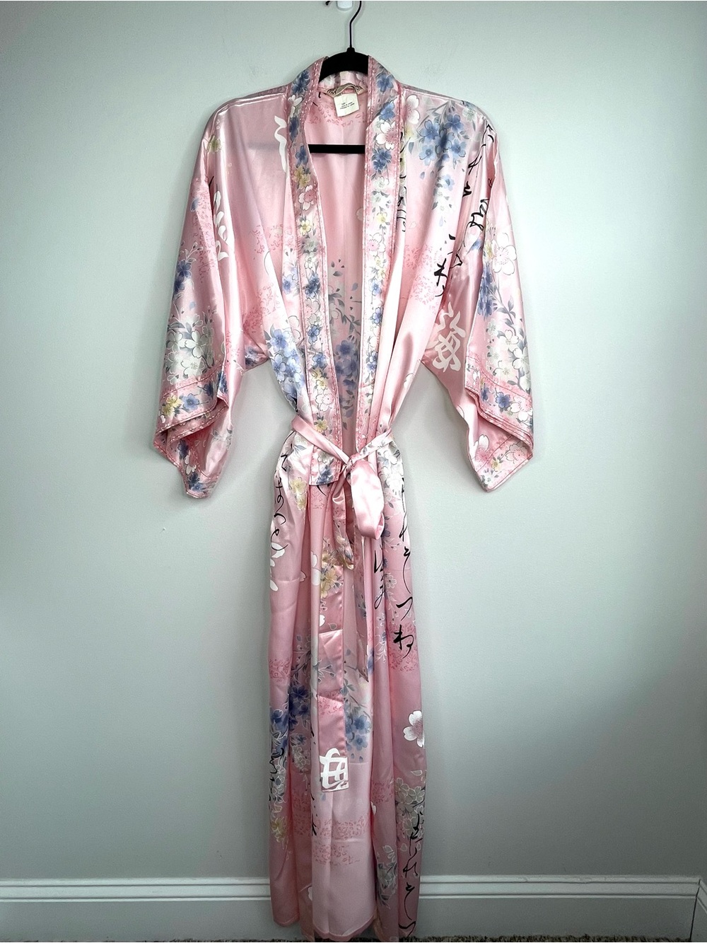 Pink Floral Satin Japanese Kimono Robe with Tie Belt One Size